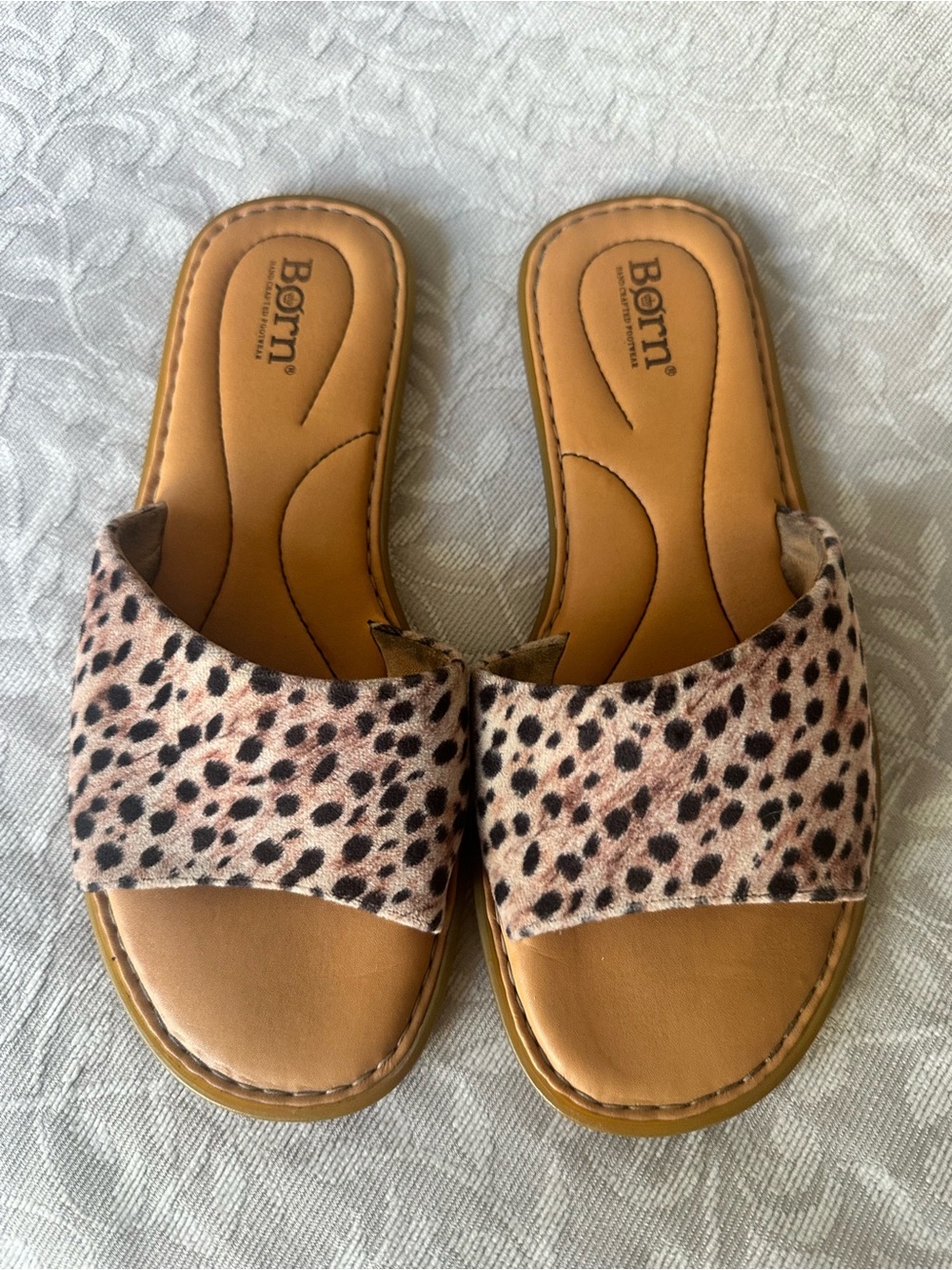 Born Leopard Print Slide Sandals in Tan and Black